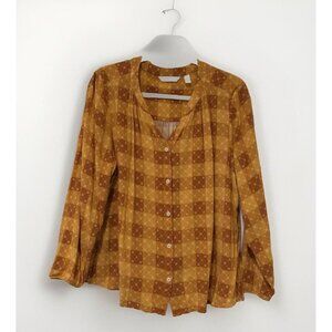 D & Co Heritage Womens Blouse XL Gold Buffalo Plaid Rayon Flowy Cabincore Casual